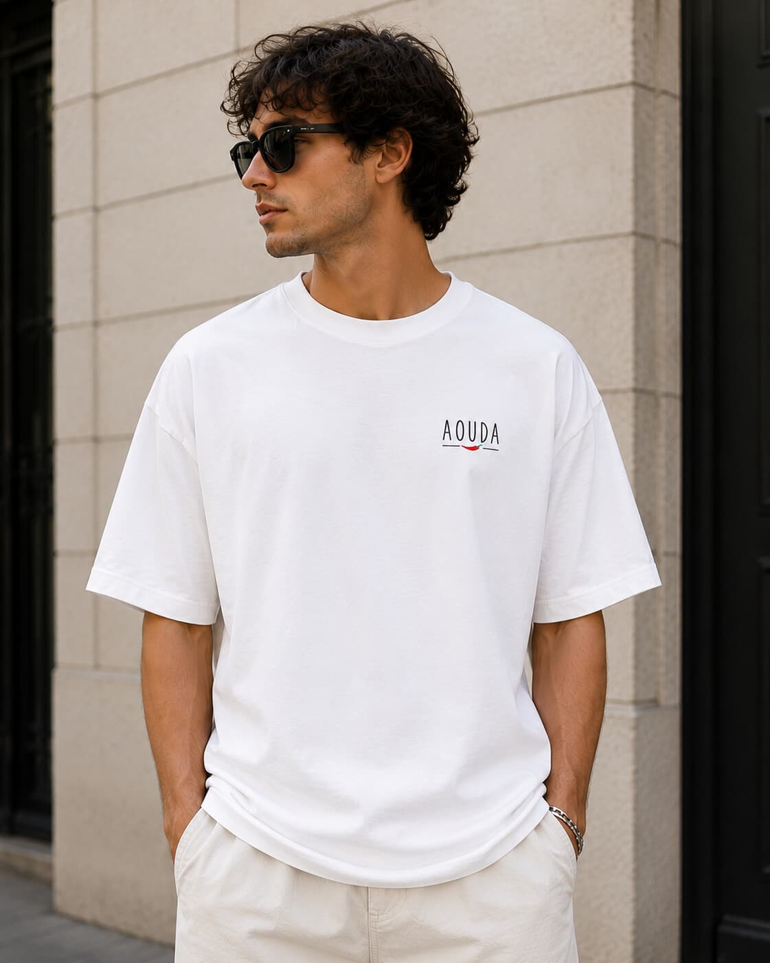 T-shirt Oversize Signature, coloris blanc, porté de face par un homme