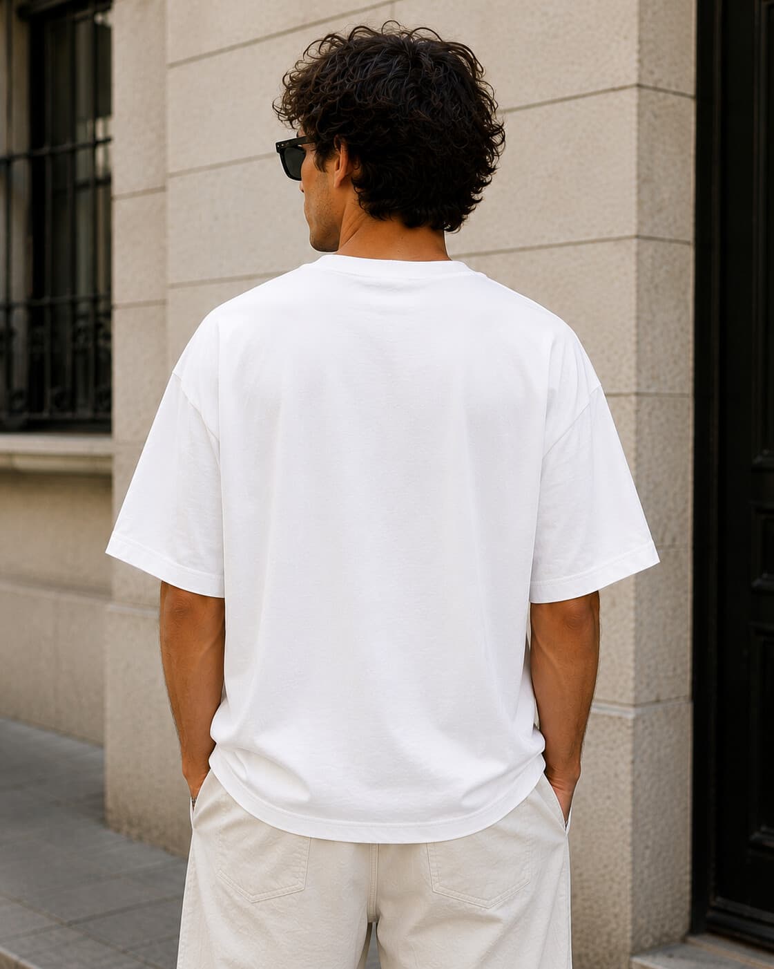 T-shirt Oversize Signature, coloris blanc, porté de dos par un homme