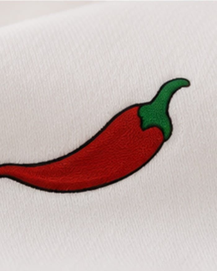 Sweat à Capuche, coloris blanc, gros plan sur la broderie piment
