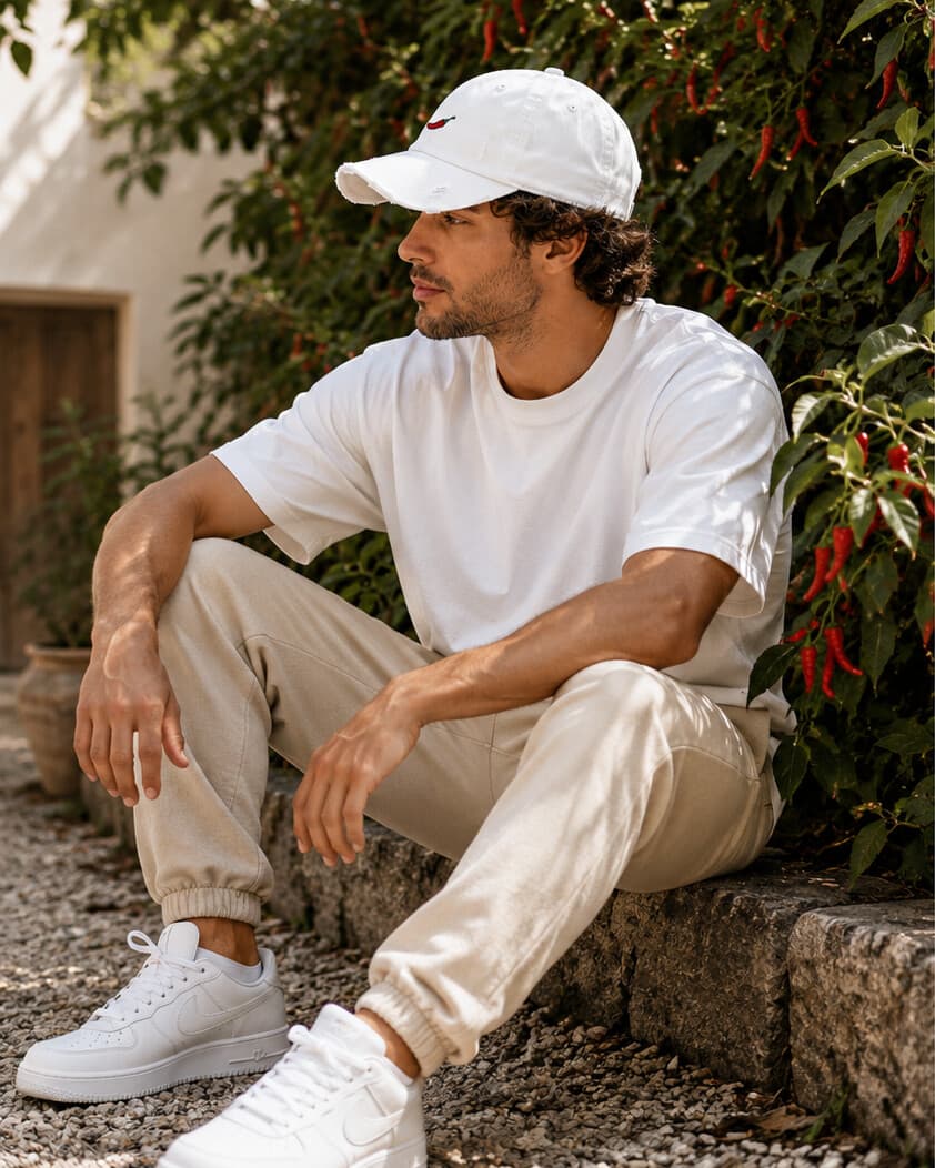 Casquette Vintage, coloris blanche, portée, prise de vue en extérieur